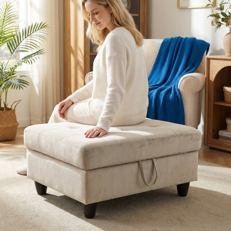 Grey White Storage Ottoman | Non-Pilling Fabric | X-Stitching | Solid Wood Frame