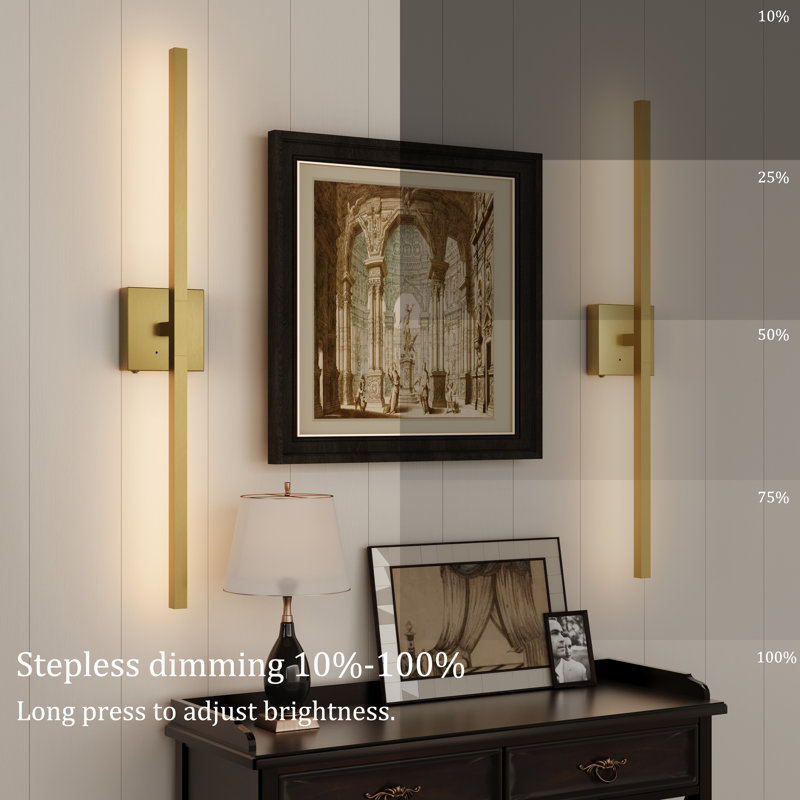 Dimmable Cordless LED Wall Sconce with Remote - Aluminum Battery Operated​, Brushed Gold, 23.6" H x 4.72" W x 4.72" D