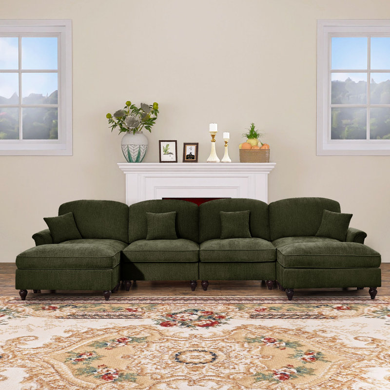 Glendora 137.8"W Chenille 4 seater sofa with 2 Ottomans and Removable Ruffles Pleats Skirts and Spindle Legs