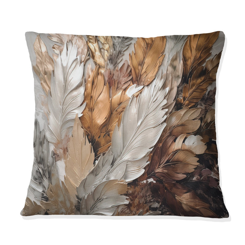 Coussin doré à imprimé de plumes dorées Extravaganza IV, H 16 po x l 16 po, Carré