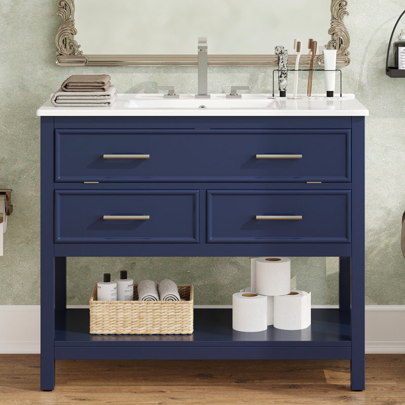 Dancy Bathroom Vanity With Ceramic Sink, Bathroom Vanity With Tip-Out Tray And 2 Full-Extension Drawers, Pulls And Soft Close Drawer Slides Design