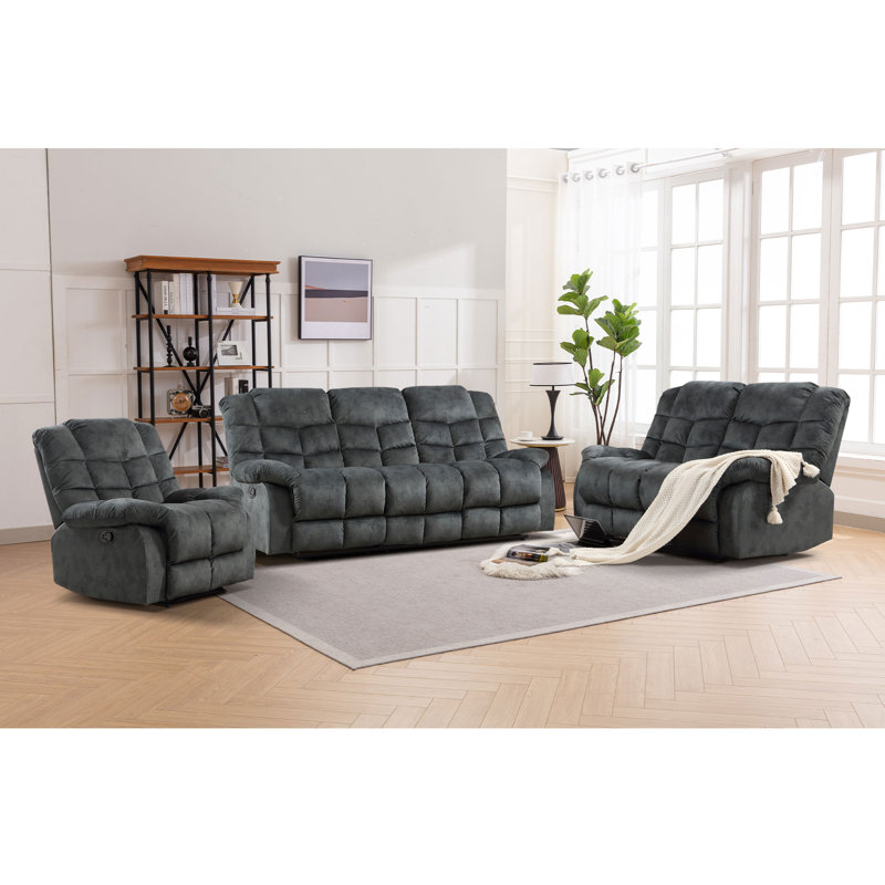 3-Piece Modern and Overstuffed Soft Manual Reclining Living Room Set, Gray