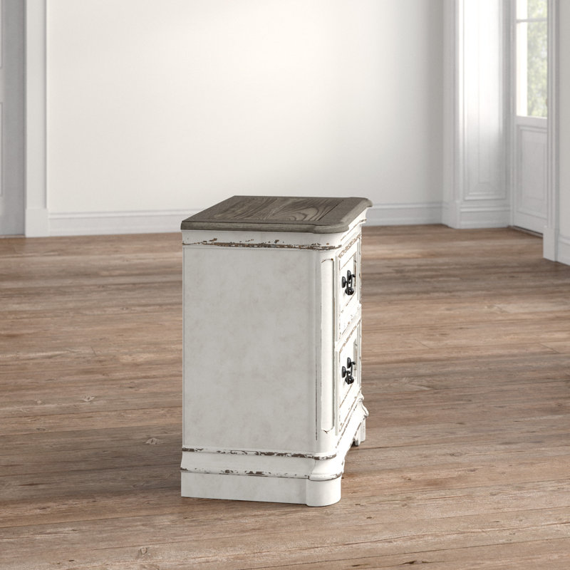Elegant Whitewashed 2-Drawer Nightstand in Antique White with Bead Molding