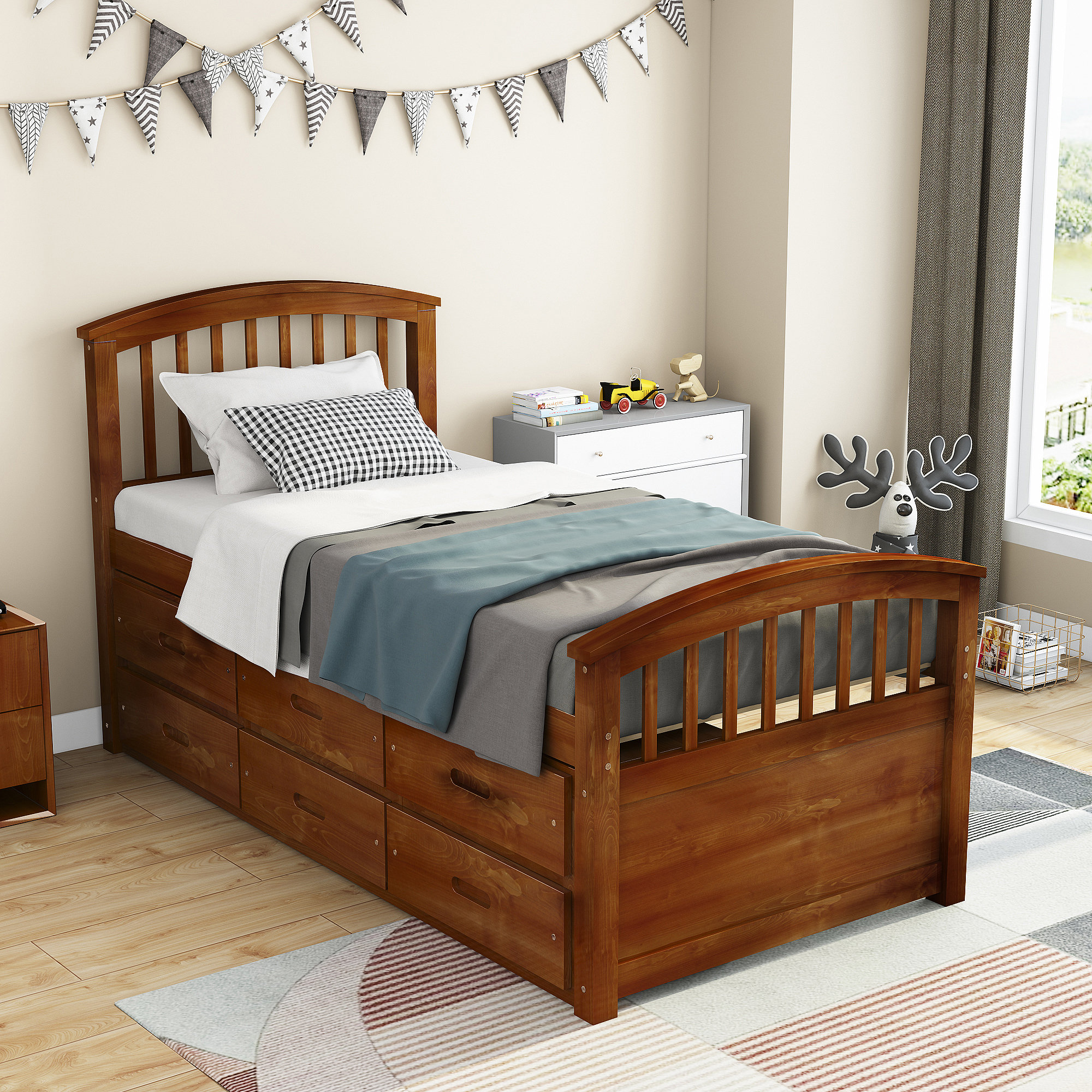  Twin Bed Frame with Storage Headboard and Fence Rails