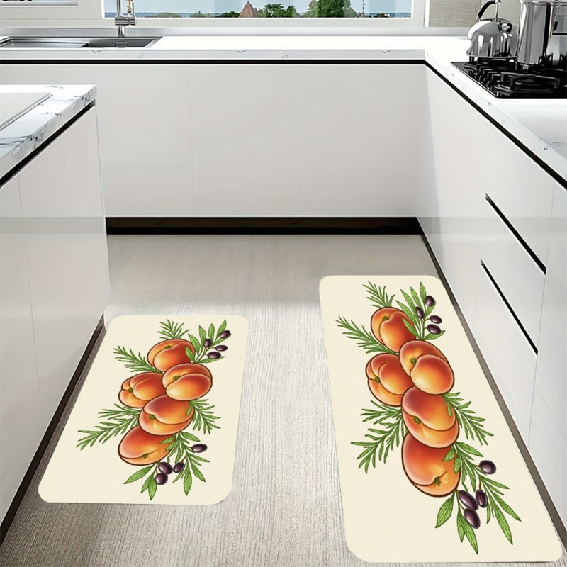 Ensemble de 2 tapis de cuisine pour salle à manger à motif olive multicolore pêche