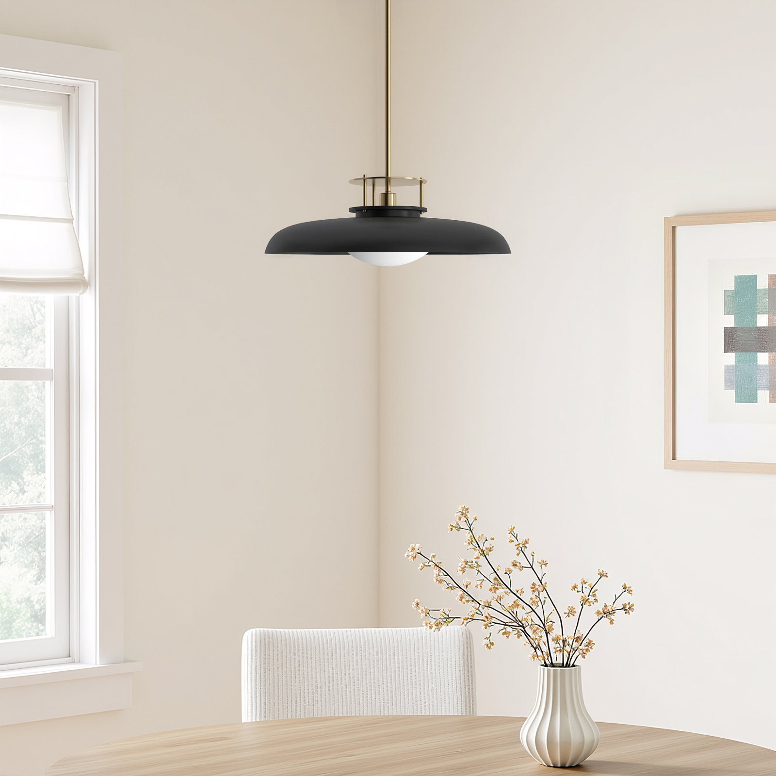 Chessa Dimmable Single Light Pendant, Brass/Black, Black