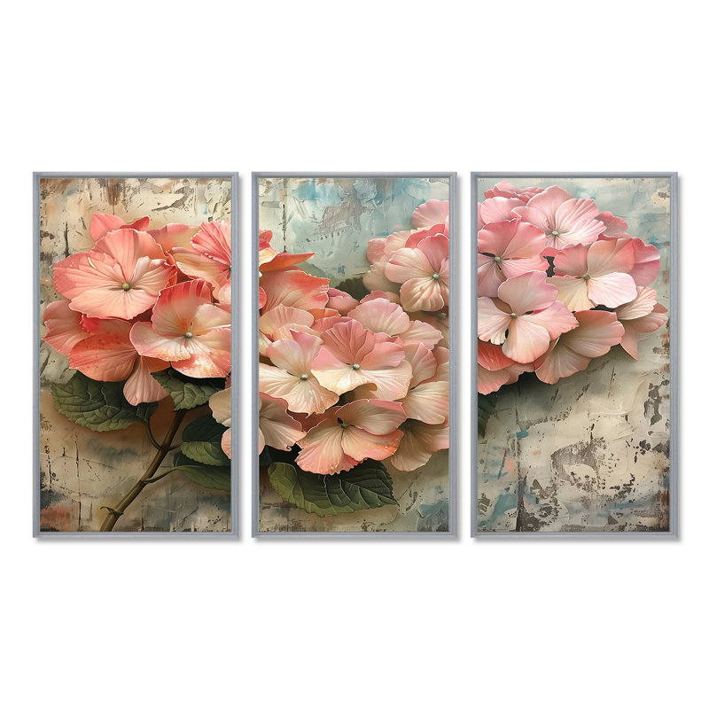 Hydrangea Country Charm I - Hydrangea, ensemble d'art mural, H 28 po x l 36 po x P 1 po, Toile argentée avec cadre flottant