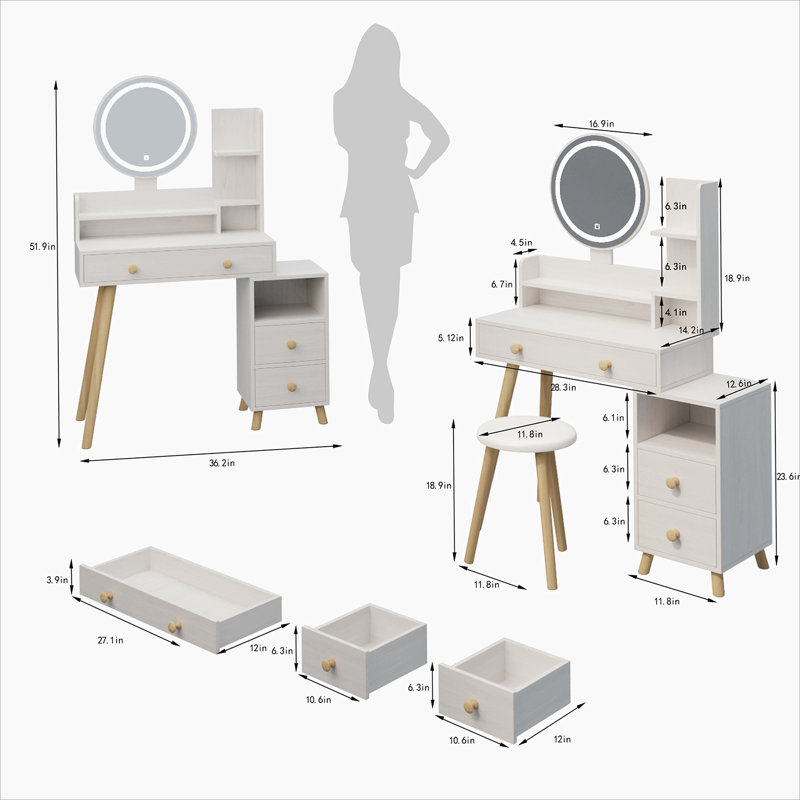Table de chevet ronde avec miroir + tabouret rembourré avec 2 prises de courant et 2 prises USB, miroir à DEL de 17 po de diamètre, commande tactile, 3 couleurs, luminosité réglable, grand bureau, rangement multicouche