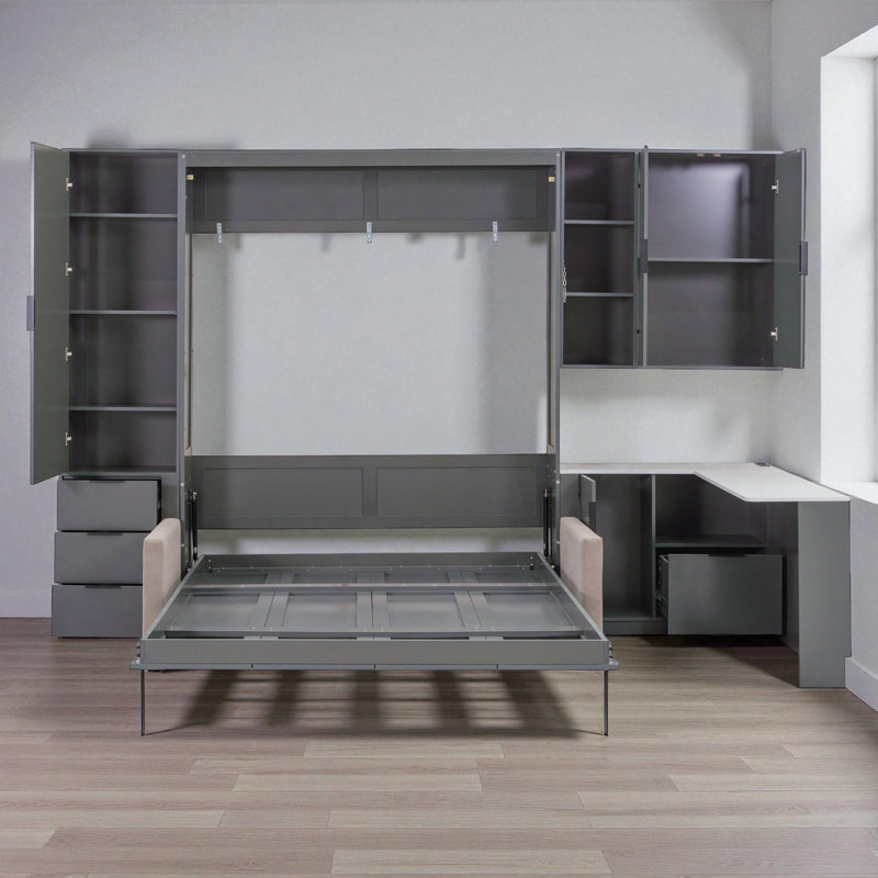 Grand lit escamotable avec canapé intégré, bureau en L et rangement, Gris