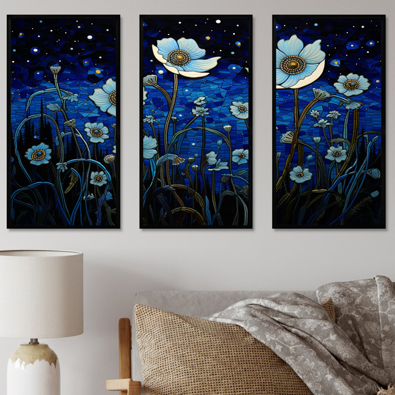 Ensemble de salon d'art mural au clair de lune Flower Field Dreams II - Fleurs sauvages, Cadre flottant noir