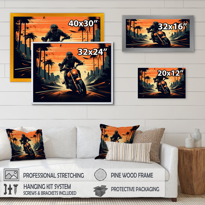 Motocyclette rugissant sur le boulevard IV - impressions sur toile, H 12 po x l 20 po, Toile tendue