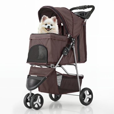 Foldable Pet Stroller, 3 Wheels Folding Carrier Jogger Stroller for Dogs Cats with Canopy and Basket