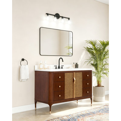 48" Mid-Century Glam Rattan Single Sink Bath Vanity with Engineered Marble Top