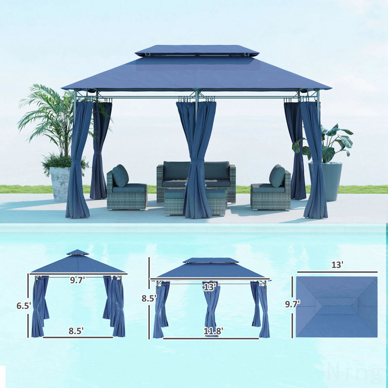 Pavillon de jardin, double toit pour l'extérieur avec rideaux