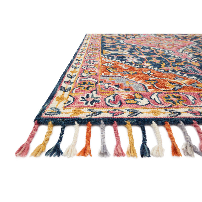 Tapis oriental en laine crocheté à la main bleu marine / orange / gris Carroll, Rectangle 3 pi 6 po x 5 pi 6 po