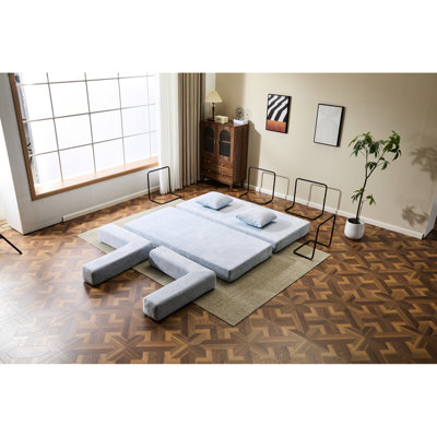 Convertible Floor , Compression 3 - Seat Futon Bed In Blue With Pillow Back Support, Armrest, And Chenille Fabric For Family Relaxing Bedroom Game