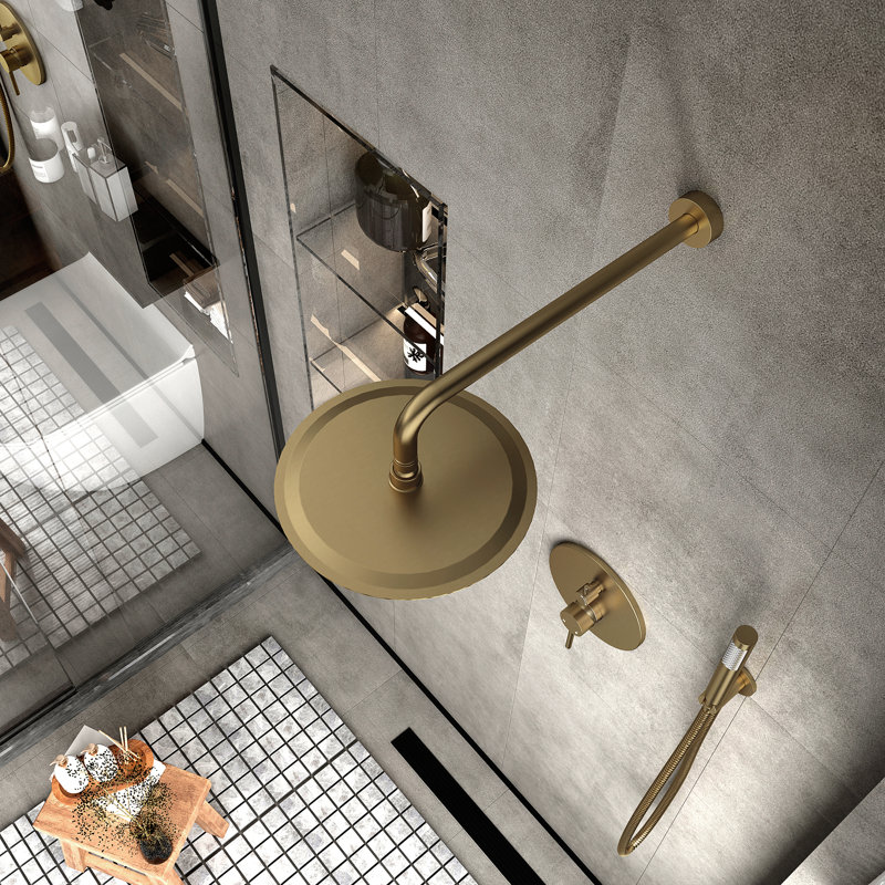 10 Inch Round Wall Mount Shower Faucet System Luxury Rainfall Shower Head with Rough-in Valve, Brushed Gold