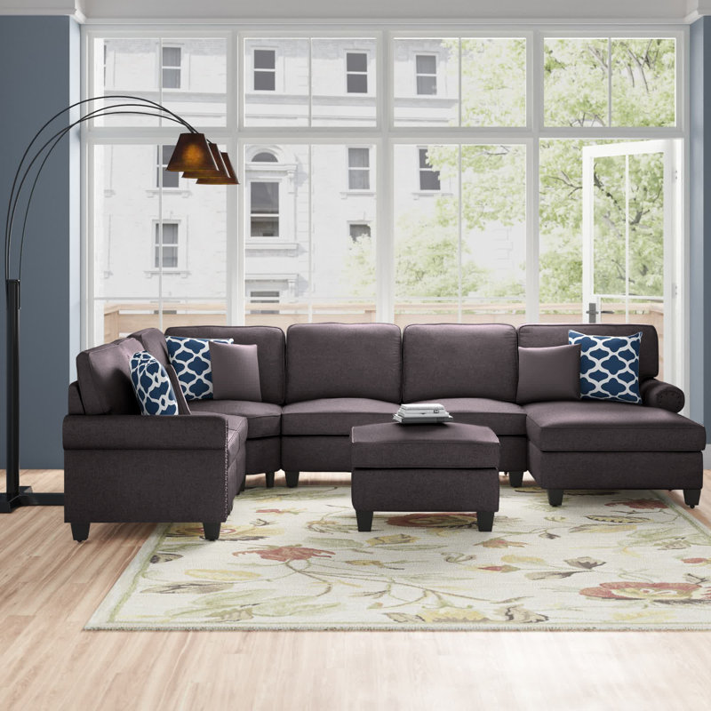 Canapé modulaire de coin avec repose-pieds Alipio, Mélange de polyester gris foncé