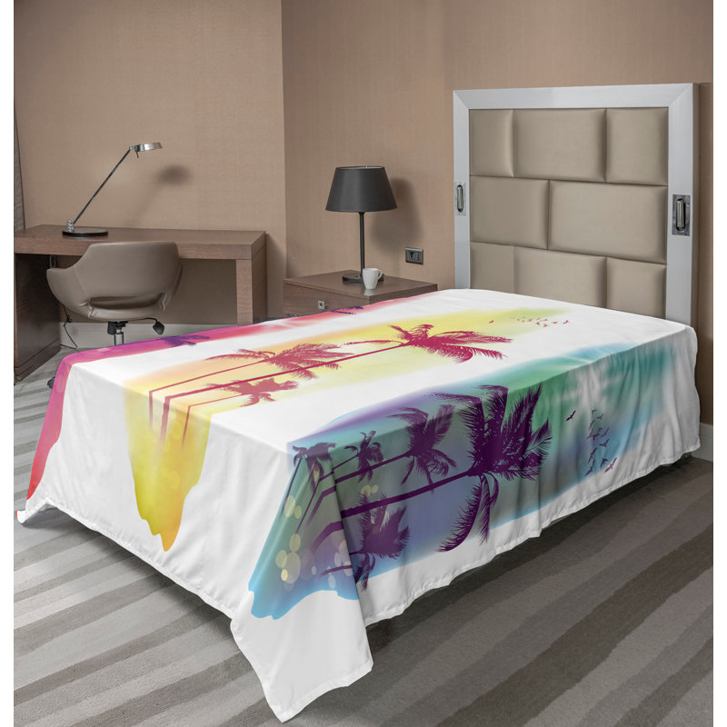 Ambesonne Tropical Top Flat Sheet Palm Trees Seagulls Full Pale Yellow Fuchsia, Drap plat pour lit simple