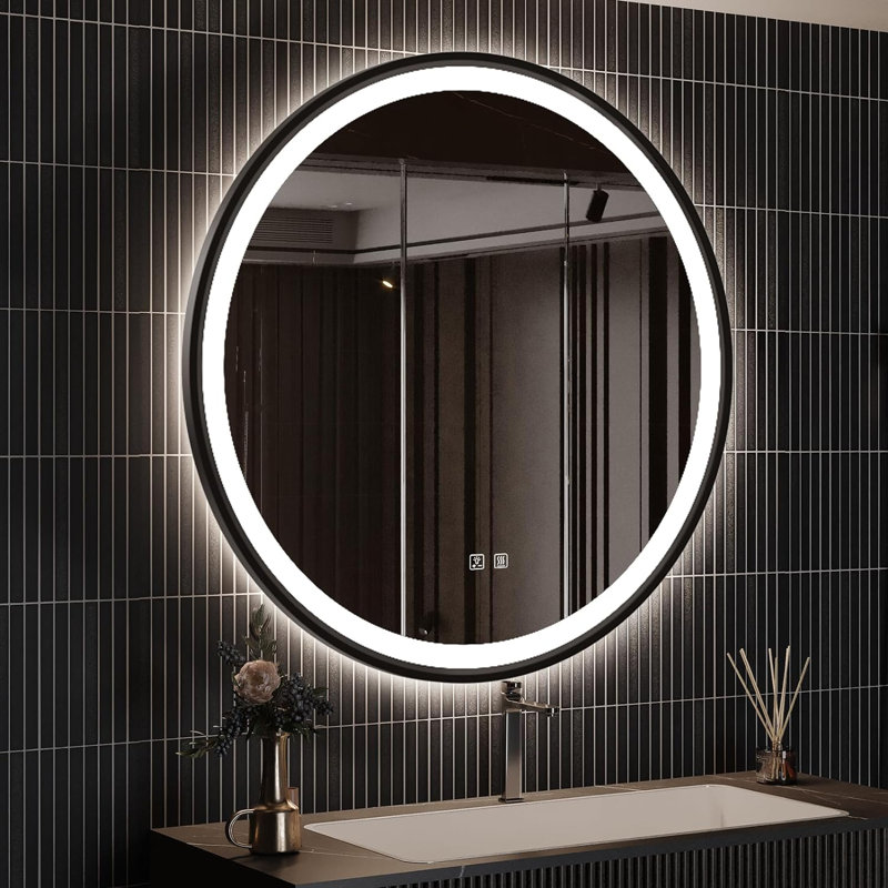 Jatonya Aluminum Framed LED Bathroom Vanity Mirror Dimmable Anti Fog Makeup Mirror, 32" x 32", Round