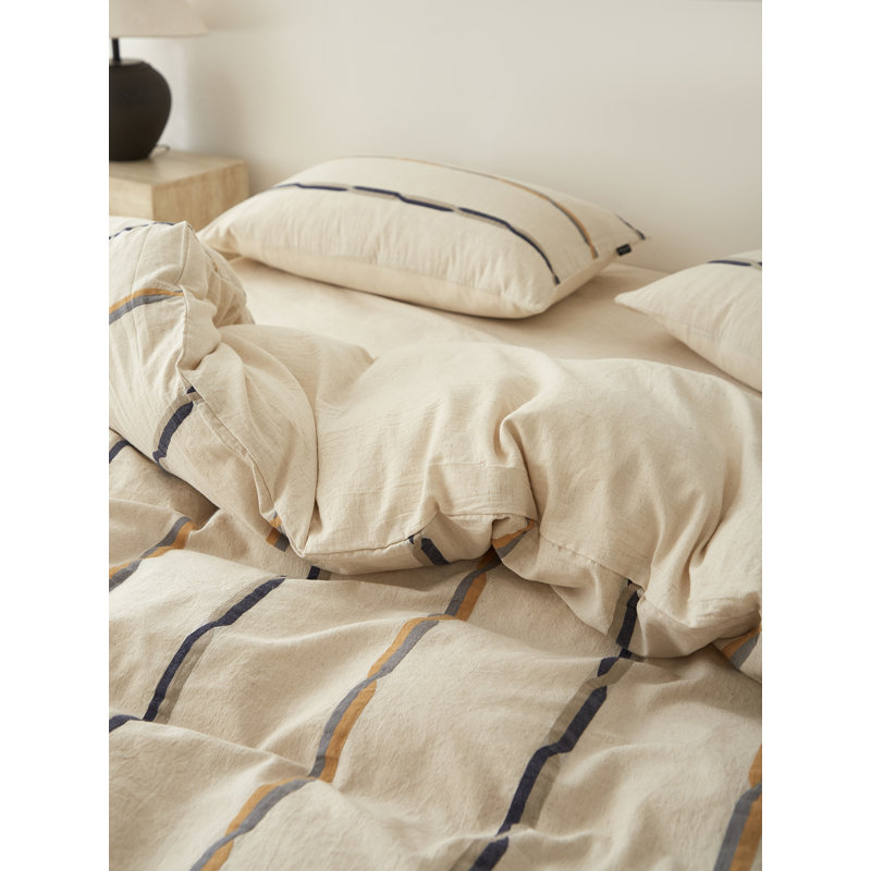 Ensemble de housse de couette à rayures en coton et lin brun Faith, Housse de couette grand et 2 taies d'oreiller