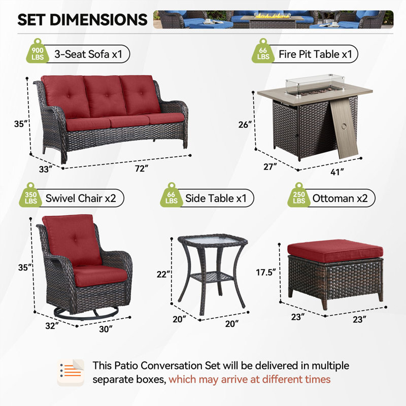 Wendye 7-Piece Outdoor Furniture Sofa Set With 2 Swivel Chairs, 2 Ottomans, End Table & 55K BTU Fire Pit Table, Brown, Red