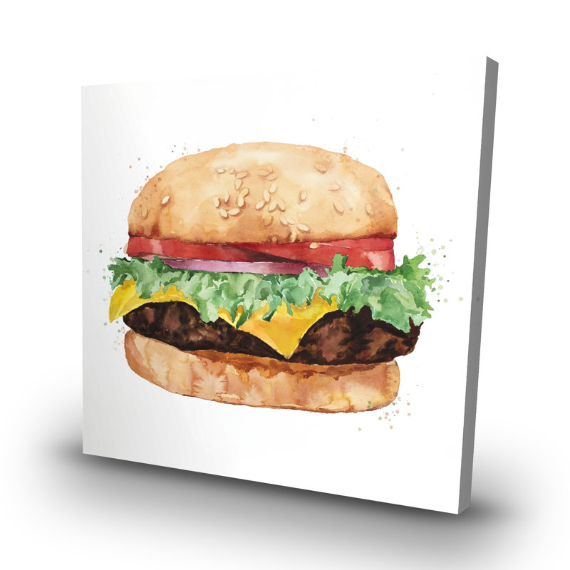 Watercolor all dressed cheeseburger - 32"x32" art on canvas