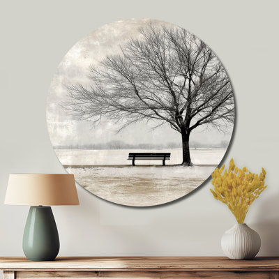 «Winter Landscape Evening Golden Glow», art mural rond en métal