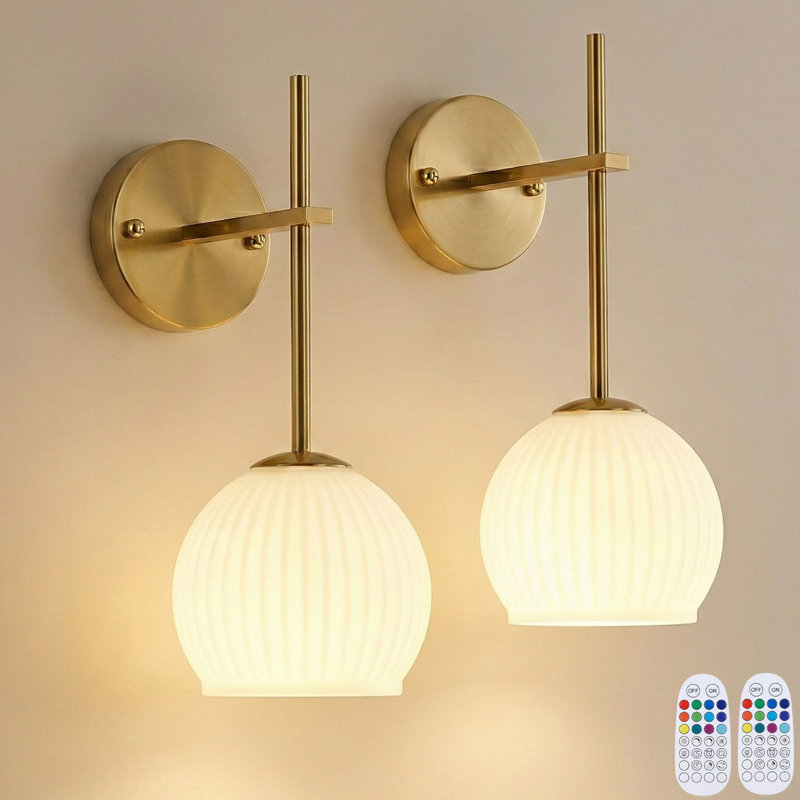 Gold Battery Operated Wall Sconces Rechargeable Wireless Wall Lights with Milky White Frosted Glass 12 RGB and 3CCT Dimmable, Wall Lamps with Remote for Bedroom Living Room