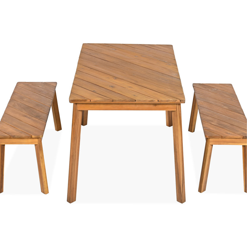 3 pièces en bois pour la salle à manger avec 2 bancs, pour les environnements extérieurs et intérieurs, bois grainé diagonal unique, installation rapide, stable sur tous les motifs - pièce de conception moderne, assemblage, repose-pieds réglables