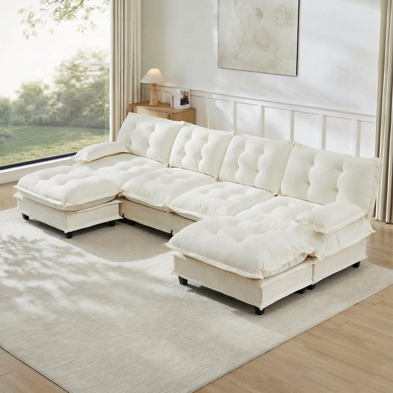 Canapé d'angle modulaire moderne de 138 po Cloud avec pouf, canapé 4 places en chenille à assise profonde et coussins d'assise confortables à motif treillis, idéal pour la chambre et l'appartement