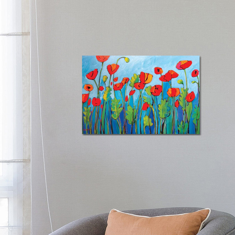 «Red Poppies on Blue II» par Patty Baker - peinture sur toile tendue, H 18 po x l 26 po x P 1,5 po