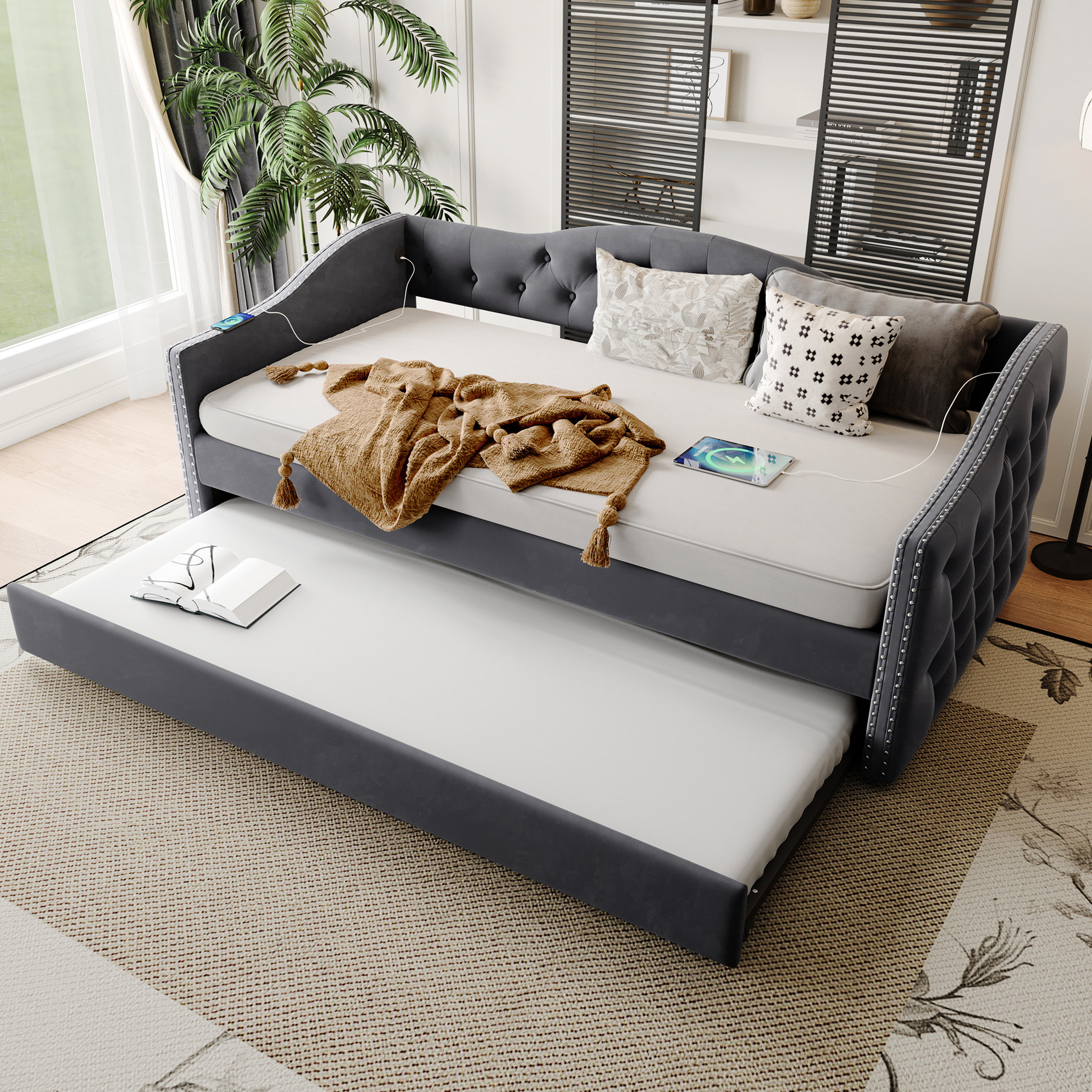 George Oliver Grey Twin Daybed With Trundle, Charging On Arm, Wood Slat ...