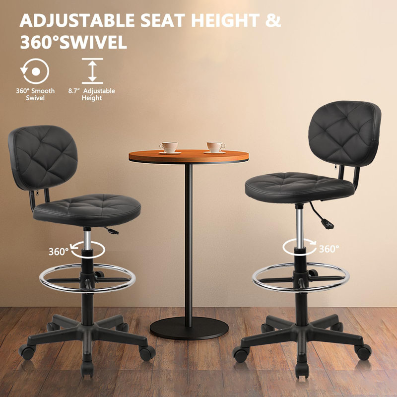 Tall Drafting Rolling Stool Chair with Low Back Support and Adjustable Foot Rest Ring Set of 2 PU Leather Vinly Wide Seat Swivel Standing Desk Chair for Office Home 2 Pack