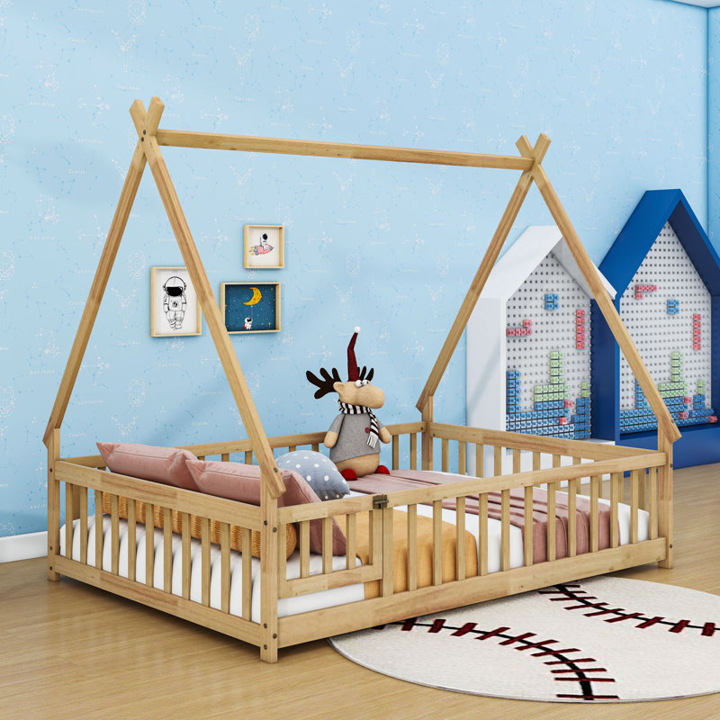 Full Wooden Frame Floor Bed With Door, Natural