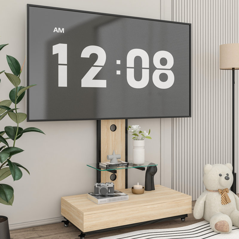 Meuble télé pour téléviseur de 32 à 75 po, avec tiroir coulissant, roues verrouillables et tablette réglable, chariot mobile en bois et en verre pour centre commercial, avec angle, support de charge robuste, rangement convenable