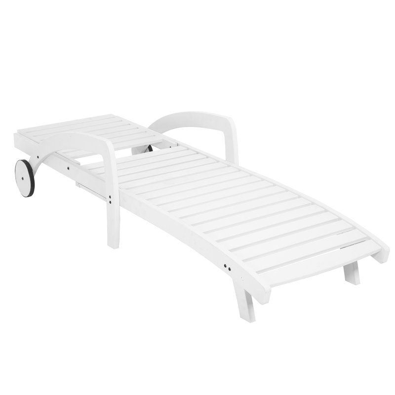 Chaise longue d'extérieur en bois massif avec roulettes, chaise de plage simple inclinable réglable pour patio / bord de mer / piscine (ensemble de 2)