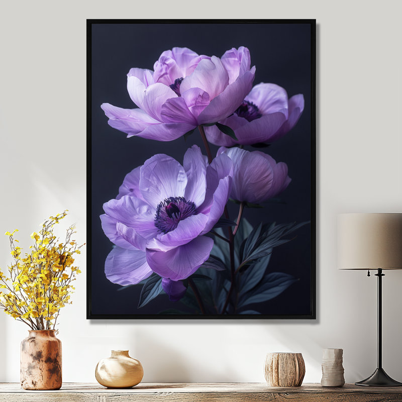 Décoration murale pivoines mauves et noires - Pivoines, Cadre noir, H 30 po x l 40 po