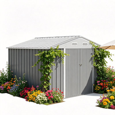 Remise de rangement pour l'extérieur H 144,91 po x l 124,41 po x H 79,92 po, grande remise de jardin en métal avec toit incliné, porte verrouillable, remise à outils en acier durable pour équipement de pelouse, cour, patio, organisateur de jardin.