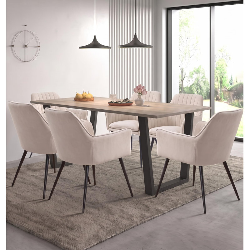 80cm Rectangular Dining Set with Upholstered Chairs, 77cm H x 180cm W x 80cm D, 7 Pieces: Table, 6 Chairs, Beige