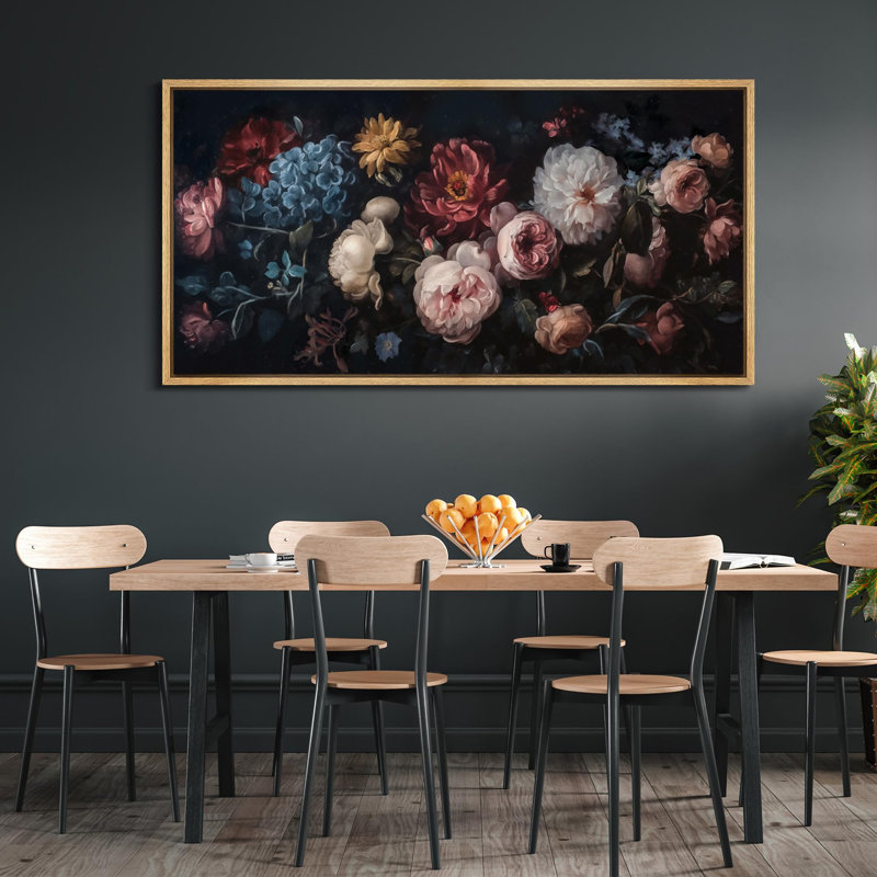 Arrangement floral luxueux avec illustrations de pivoines et d'hortensias rétro, H 30 po x l 60 po, Naturel