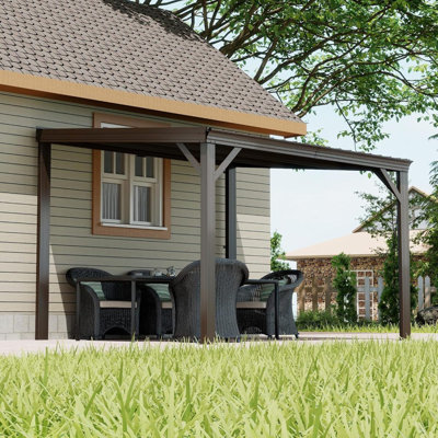 10X10ft Lean To Gazebo, Outdoor Hardtop Wall Mounted Gazebo With Sloping Galvanized Steel Roof, Upgraded Heavy Duty Mounted Shelter With Drainage System For Deck, Porch, Backyard, Brown