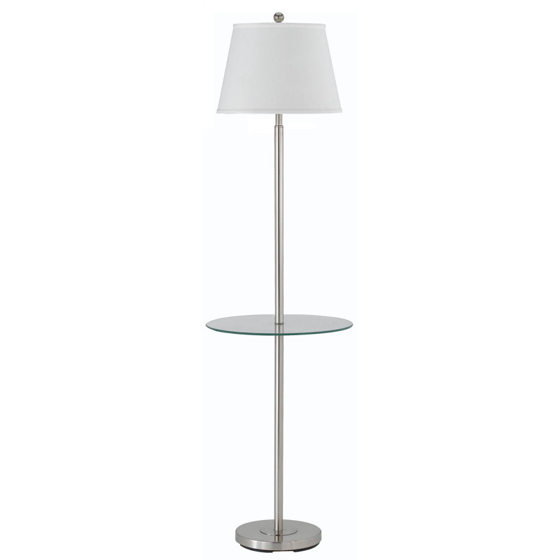 Lampe sur pied Andros avec plateau en verre, 152 cm de hauteur, acier brossé, 150 W, ampoule E26 à 3 intensités, abat-jour brun clair