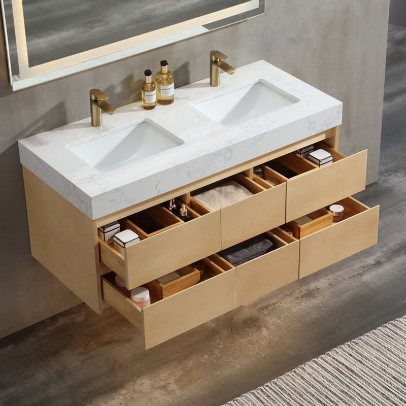 Double meuble-lavabo mural moderne en bois massif avec plateau en pierre et lumière, 48"