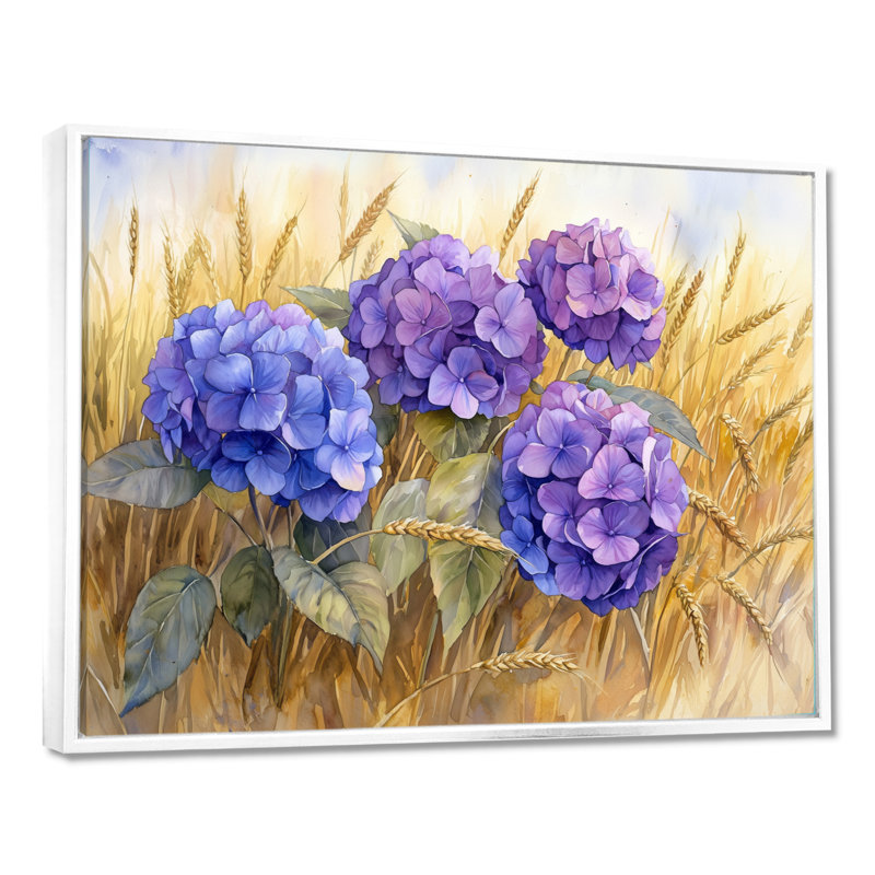 Hortensias dans le champ de seigle - hydrangées, décoration murale, 16" H x 32" W, Picture Frame Print, Blanc
