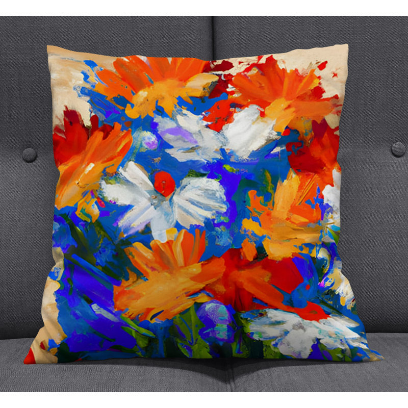 Throw Pillow With Insert, 16"H x 16"W, Blue/White/Orange Floral/Abstract 1