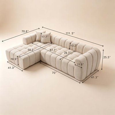 111.3" Camel Tufted Bubble Modular Sectional Sofa, Vacuum Compressed Foam L Shape Cloud Couch, Boucle Teddy Fabric Plush Corner Sofa with Pillows, Boneless Compression Sofa for Living Room.