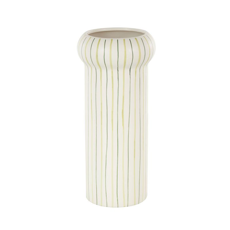 Cole And Grey Ceramic Round Decorative Vase With Green Linear Patterns