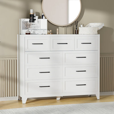 Commode haute 9 tiroirs, armoire de rangement en métal blanc avec tiroirs coulissants lisses, commode peu encombrante pour chambre à coucher, salon, vestibule, conception robuste de 5 pieds et poignées modernes