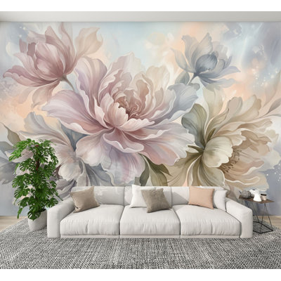 Papier peint pelez et collez Fleurs de pivoines pastel douces Élégantes peintures murales botaniques effet aquarelle H 100 po x l 144 po Papier mural amovible en PVC auto-adhésif pour le salon de la chambre Bureau à domicile